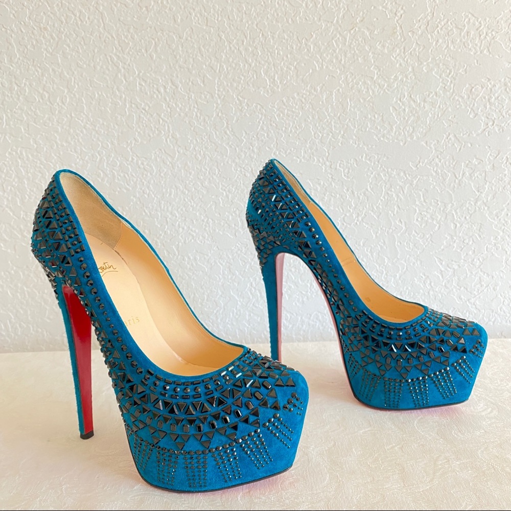 CHRISTIAN LOUBOUTIN Blue 
Decora Strass Suede platform Pumps - Picture 7 of 15